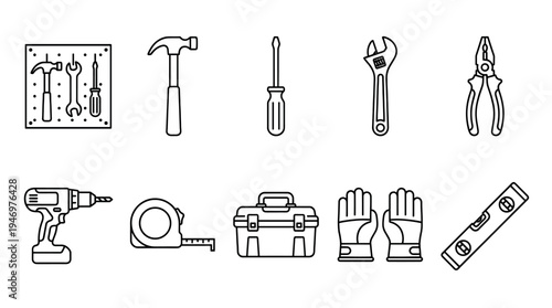 A collection of simple black line art icons representing various tools and a toolbox against a clean white background, ideal for DIY projects.