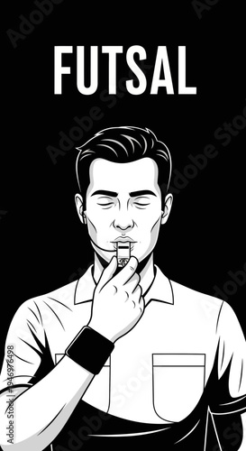 Graphic Illustration Depicting a Futsal Referee Signaling a Foul in Black and White