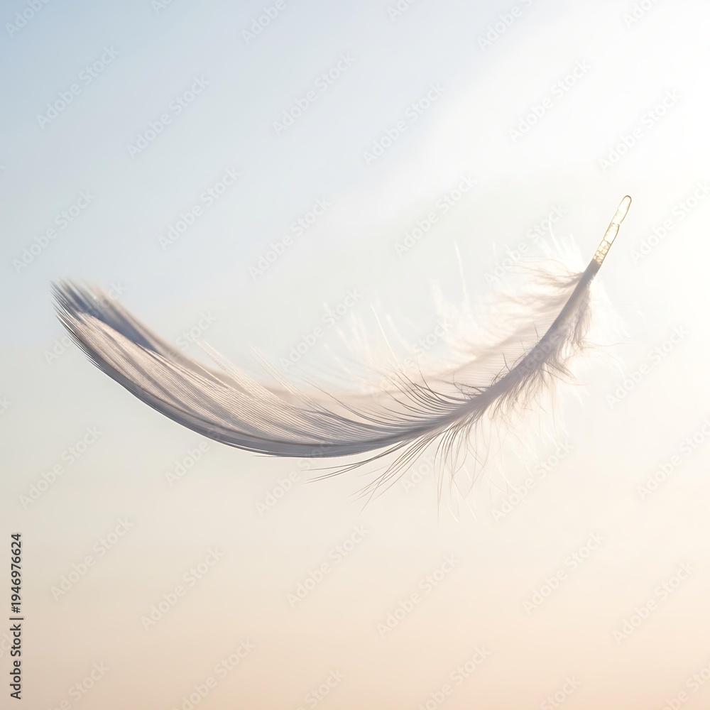 Fototapeta premium White feather floating in air on light blue background, peaceful purity concept, gentle weightless symbol, soft delicate nature for freedom spirituality wellness mindfulness content marketing graphics