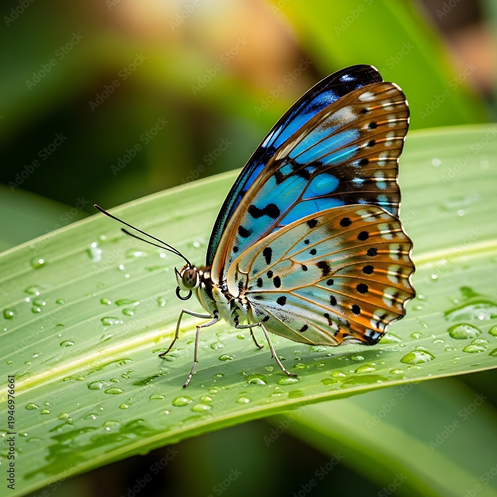 Obraz premium Colorful butterflies resting on green leaves close-up, tropical insect nature photography, vibrant wings pattern, spring summer wildlife for ecology biodiversity environmental beauty content marketing