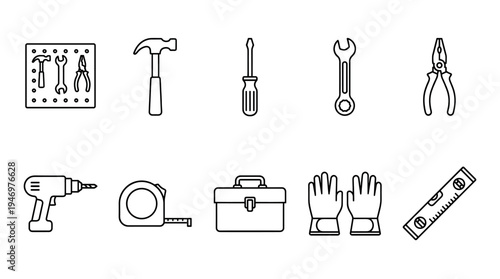 A clean and simple line art illustration featuring a variety of common tools including a hammer, screwdriver, wrench, pliers, drill, tape measure, toolbox, gloves, and level.