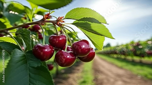 Bright cherries hang from trees in an orchard on a sunny day while workers pick fruit from the branches