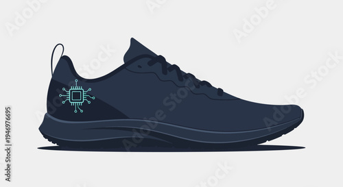 Black athletic shoe with blue logo.