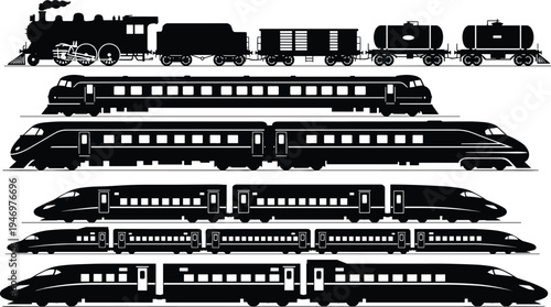 Collection of Black Train Silhouettes Including Vintage Steam Engines Cargo Wagons and Modern High Speed Bullet Trains Isolated on White Background for Transportation Design