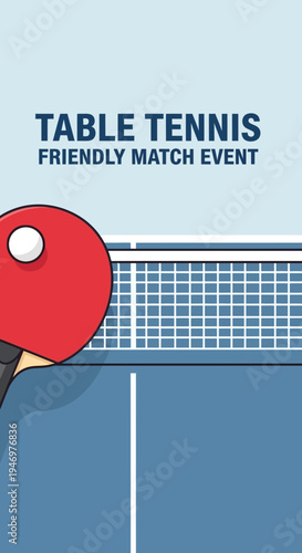 Graphic Illustration of a Table Tennis Match Featuring a Paddle and Net on a Blue Court