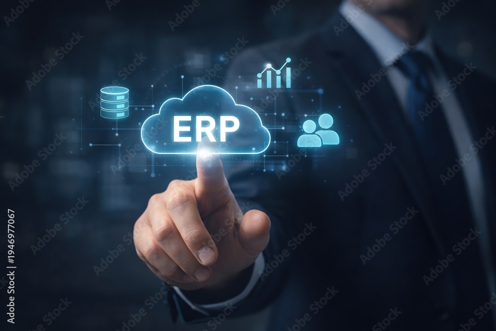 Obraz premium Cloud based ERP enterprise resource planning system interface representing digital business management