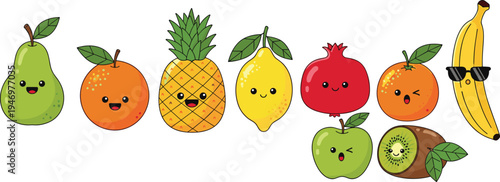 Collection of Cute Kawaii Fruit Characters Including Pear Orange Pineapple Lemon Pomegranate Apple Kiwi and Banana with Sunglasses for Kids Design Healthy Food Vector