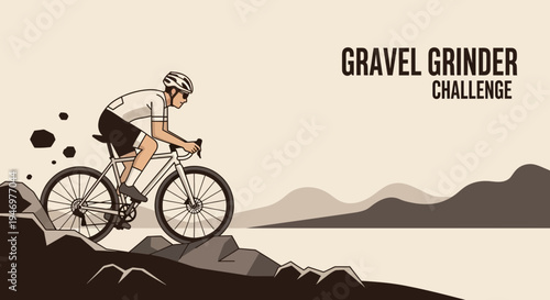 Gravel Grinder Challenge: Cyclist Navigating Rugged Terrain in a Dynamic Illustration
