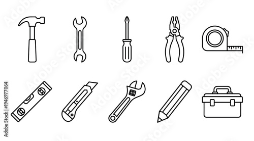 A clean line art illustration showcases a collection of essential construction and DIY tools, including a hammer, wrenches, screwdriver, pliers, tape measure, level, utility knife, and toolbox.