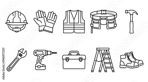 A collection of line art icons representing construction tools and personal protective equipment, perfect for design projects related to building and labor.