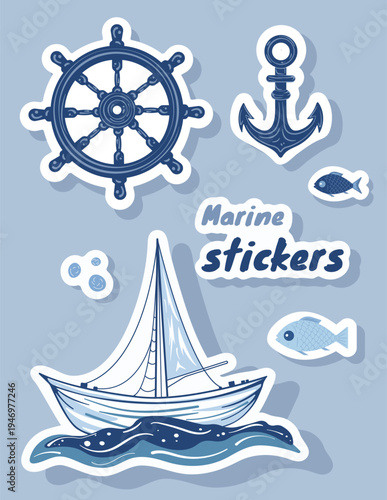 Nautical vector sticker set with sailboat, anchor, fish and ship wheel in blue tones. Marine elements for sea travel design, cruise tourism themes, kids decor, posters, prints and summer vacation grap