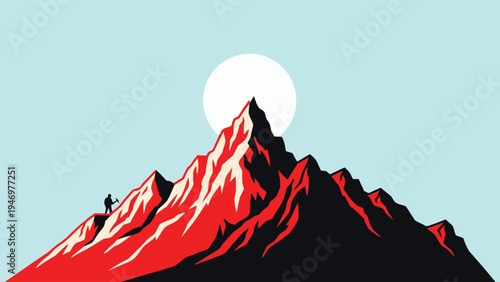 Minimalist Mountain Climber Silhouette on Red Peak with Sun