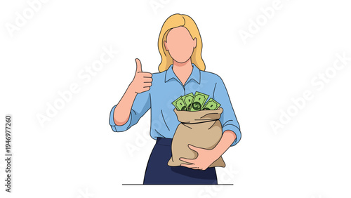 Confident blonde woman in blue shirt holding a large sack full of money and showing a thumbs up sign, representing financial success.