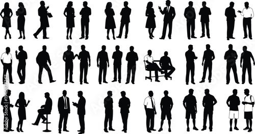Collection of Diverse People Silhouettes in Various Poses Including Business Meetings Casual Conversations and Professional Interactions Isolated on White Background for Corporate Design Projects