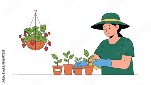 Smiling woman wearing a green hat and protective gloves while taking care of young green plants and hanging strawberry baskets.