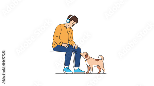 Young man wearing headphones sits peacefully while his loyal dog looks up at him with affection in this simple illustration.