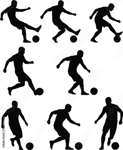 Collection of professional soccer player silhouettes in various action poses including kicking striking dribbling and running isolated on a clean white background