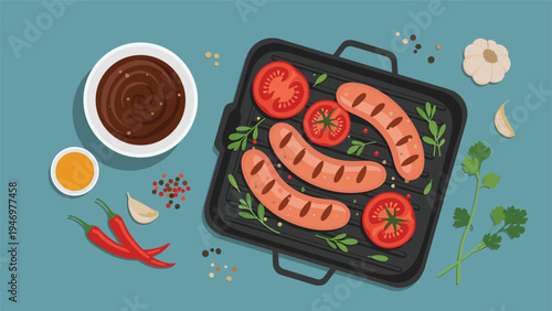 Top view of delicious grilled sausages and sliced tomatoes on a black grill pan surrounded by spices, herbs, and sauces.