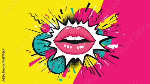 Vibrant pop art illustration features female lips slightly open against a dynamic comic book style explosion of shapes and dots.
