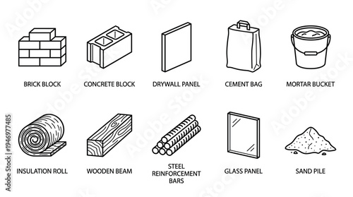 A collection of hand-drawn outline icons representing various construction and building materials, suitable for architectural and DIY projects.