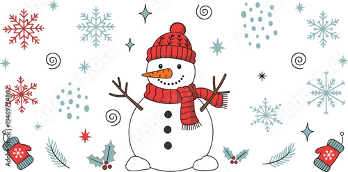 Cute winter snowman with scarf and hat surrounded by snowflakes holiday festive Christmas character flat vector illustration