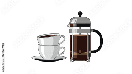 French press coffee maker filled with dark brew sits next to two stacked white cups on a saucer in a clean illustration.