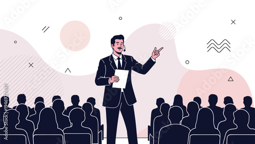 Professional man in a suit gives a presentation or lecture to a large silhouette audience while holding papers and a headset.
