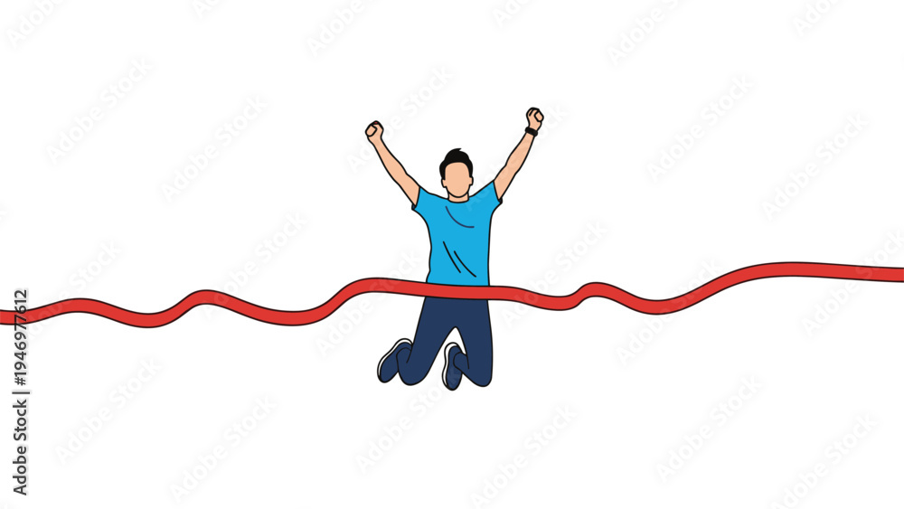 Fototapeta premium Athlete crosses the finish line with arms raised in victory as he breaks through the red ribbon at the end of a race.
