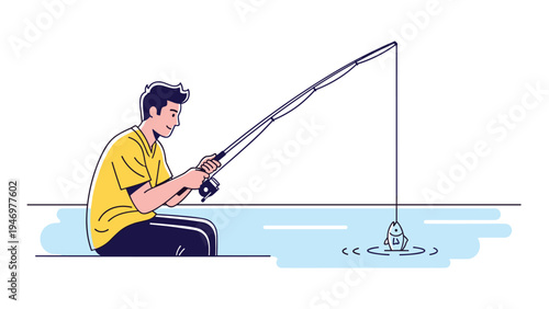 Man sits patiently by the water with a fishing rod and successfully catches a small fish leaping from the blue river or lake.