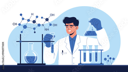 Smiling male scientist in a lab coat and safety goggles conducting research experiments with chemical flasks and test tubes.