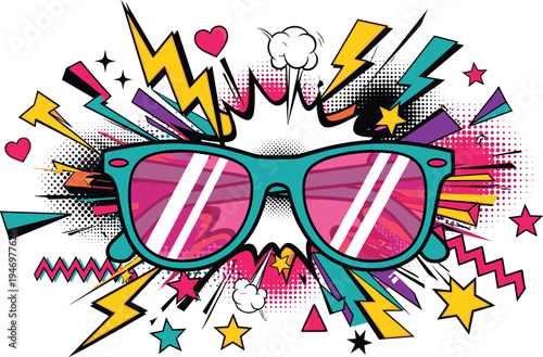 Retro pop art sunglasses with lightning bolts stars hearts and comic explosion vibrant 80s style party flat vector illustration
