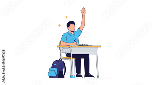 Young male student sitting at a school desk raising his hand to answer a question during a classroom lesson at school.