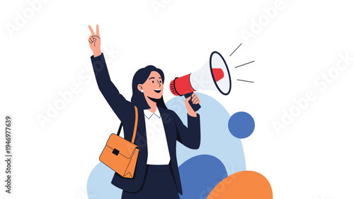 Professional woman shouting through a megaphone and holding up a peace sign symbol while advocating for social justice and change.