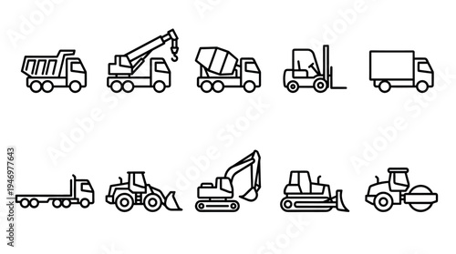 A collection of ten simple black and white line icons representing various construction and transport vehicles, ideal for web design and infographics.
