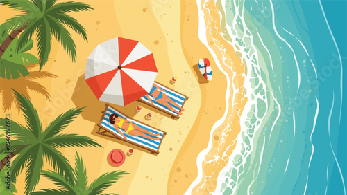 Aerial top view of people relaxing on lounge chairs under a beach umbrella on a tropical sandy shore with ocean waves.