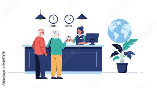 Elderly couple checking into a luxury hotel at the reception desk with a helpful receptionist managing their travel documents.