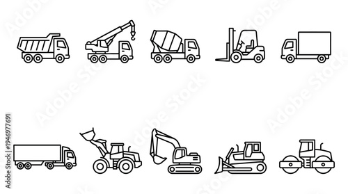 A collection of clean, black and white line art icons depicting various construction and transport vehicles on a white background, perfect for industry concepts.
