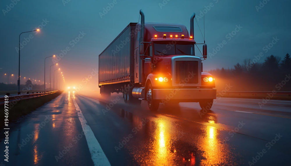 Fototapeta premium Red semi-truck drives on wet highway at dusk. Headlights shine through fog and rain. Road reflects lights and truck wheels. Trucking industry, transport business, logistics.