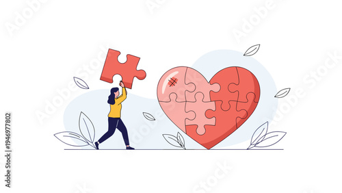 Determined woman placing the final red puzzle piece into a large heart representing healing and emotional completion.