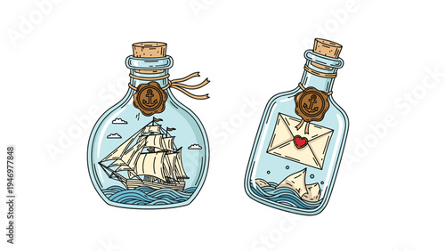 Detailed illustration of a miniature sailing ship inside a glass bottle and a love letter message in another bottle.