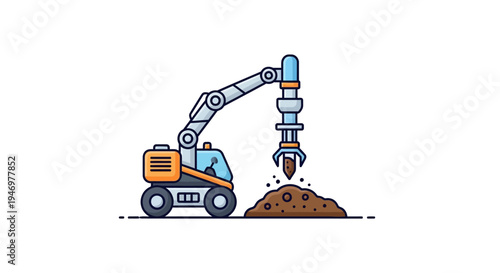 Excavator drilling into brown soil ground.