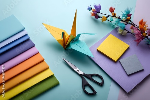 Colorful Origami Crane with Paper Crafting Supplies on Colorful Background