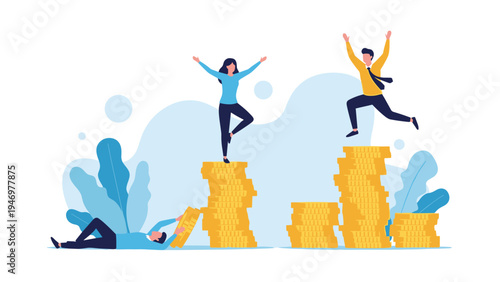 Successful business people celebrating their financial achievements while standing and jumping on growing stacks of gold coins.