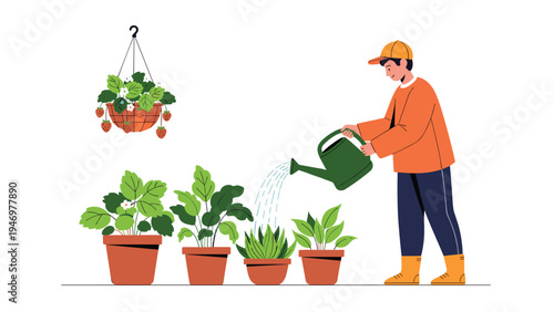 Young man in an orange jacket and cap carefully watering a collection of various potted houseplants with a green watering can.