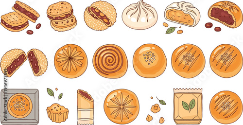Traditional Chinese pastries and mooncakes collection with sesame buns sweet fillings and decorative bakery desserts flat vector illustration set