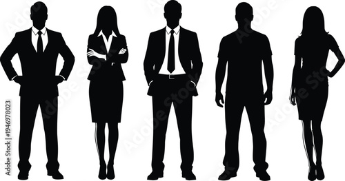 Group of Professional Business People Silhouettes in Formal Suits Standing Together Isolated on White Background Vector Illustration for Corporate Teamwork and Leadership Design
