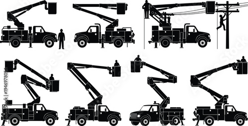 Black and white bucket truck illustration, cherry picker silhouettes, aerial work platform vector, utility maintenance, tree trimming, construction equipment, industrial safety design