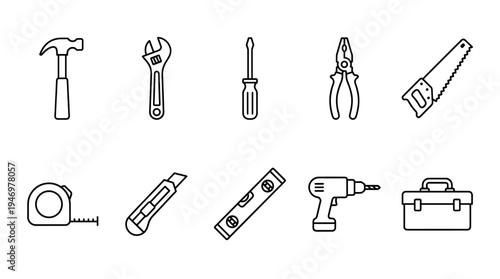 A clean line art illustration on a white background features a collection of common construction and DIY tools arranged in two rows.
