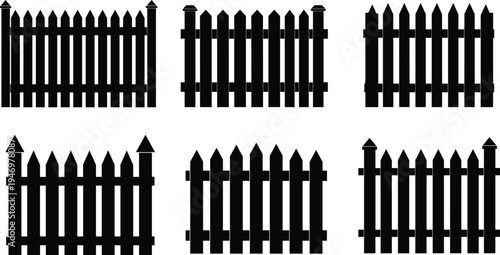 Set of black picket fence silhouette icons and vector symbols featuring various pointed wooden gate designs for garden landscaping, boundary outlines and decorative stencils.