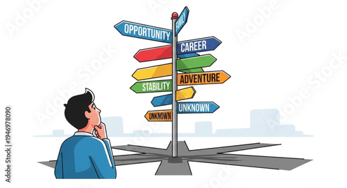 Man thinking at crossroads sign.